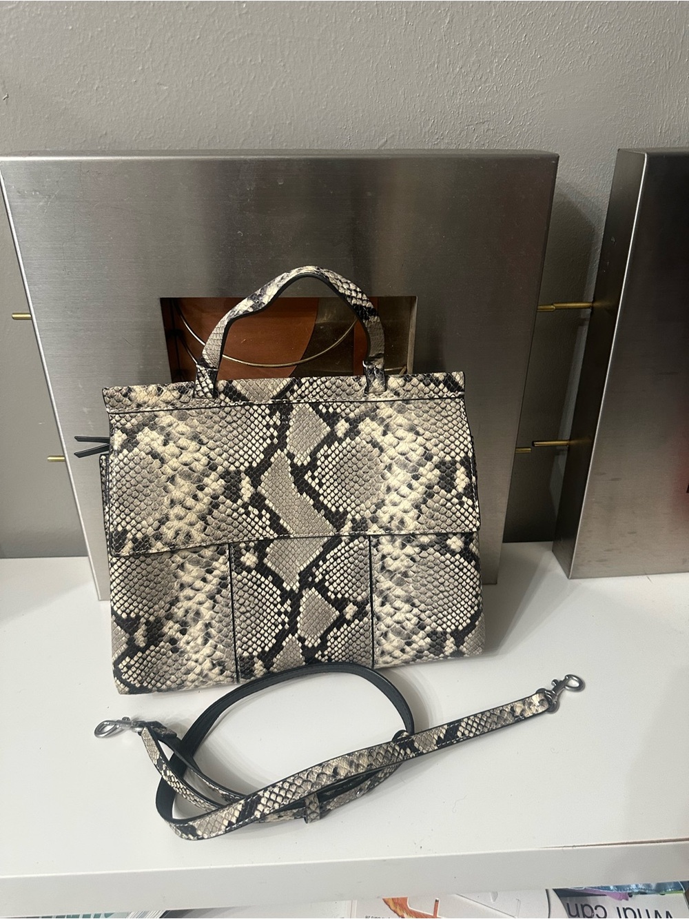 Tory Burch T Block Snake-Print  Bag with Removable Strap - Black & Cream